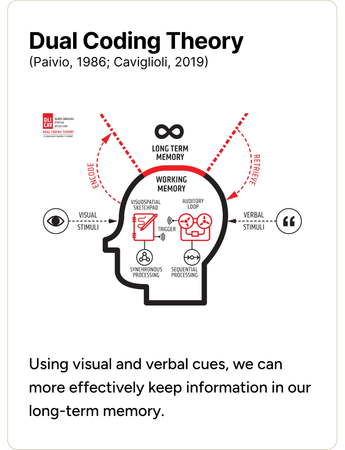 Dual Coding Theory (Paivio, 1986; Caviglioli, 2019): using visual and verbal cues, we can more effectively keep information in our long-term memory.