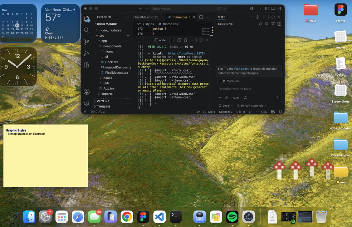 A desktop showing the dock pet running beside a code editor