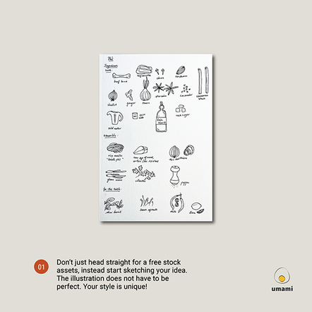 Sketching ingredient illustrations by hand before tracing