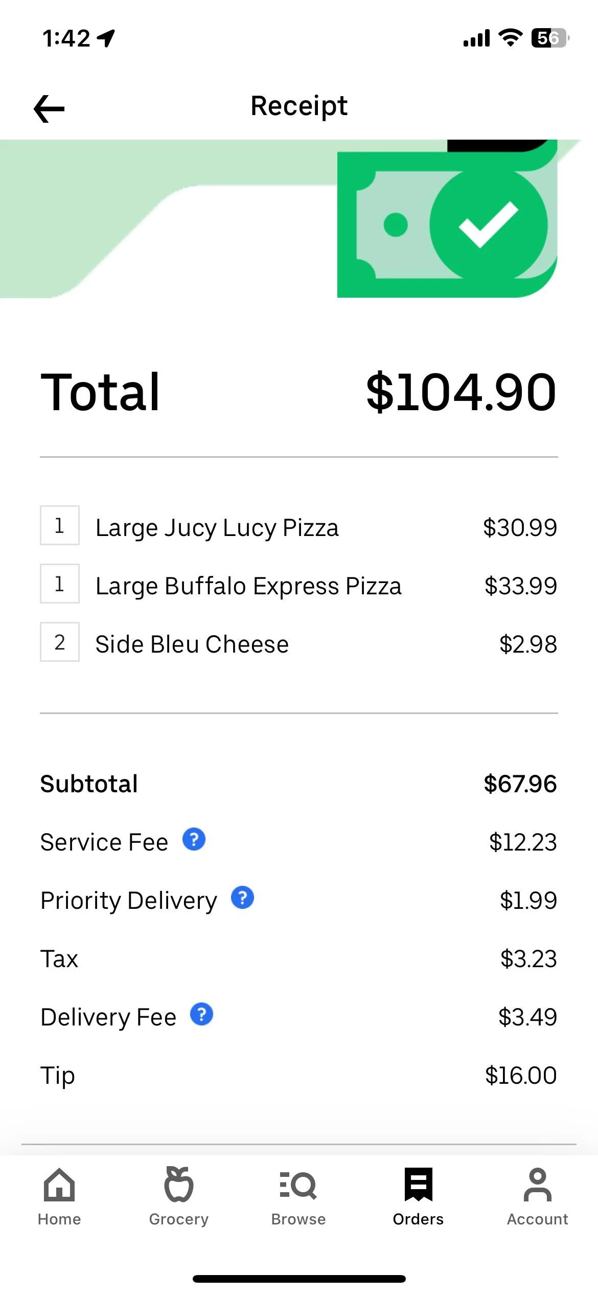 A food delivery receipt totalling $104.90